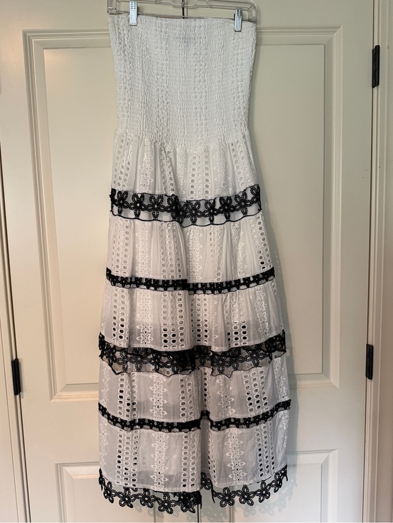 Strut & Bolt Dresses & Skirts - Strapless White Eyelet Maxi Dress with Black Lace Trim